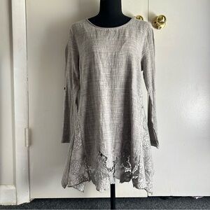 Kaktus Women’s Gray Cotton Tunic Top Lace Trim Size Small